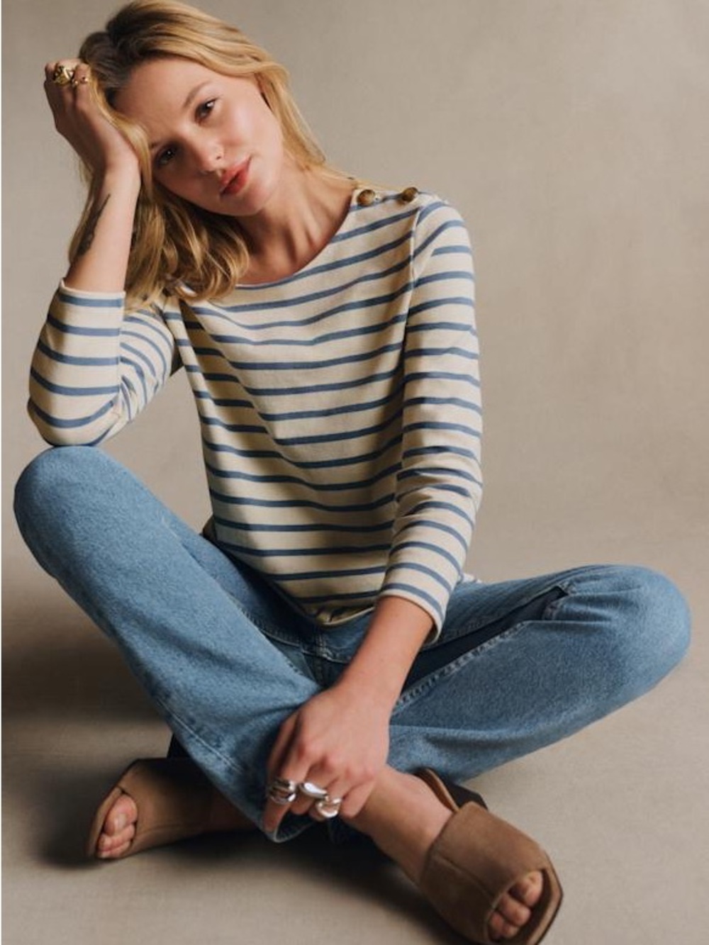 Sezane Colette Marinière Striped Long Sleeve Top in Ecru and Vintage Blue, Small